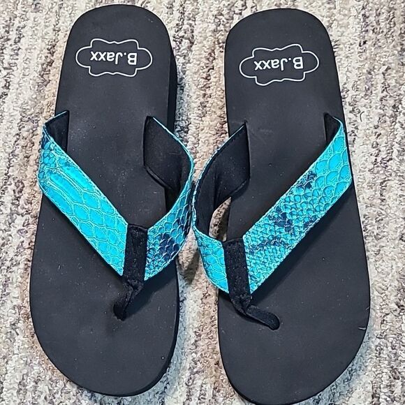 B. Jaxx Aqua Snakeskin Flip-flops, 1 3/4" Wedge, Size Large  9-10 Shoes - Picture 2 of 6